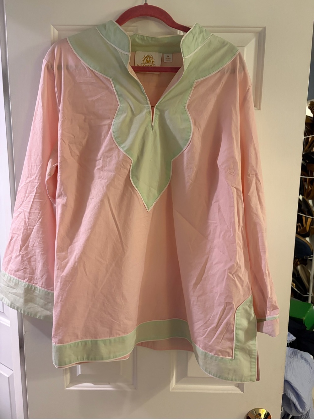 Women’s Pastel Pink Tunic Blouse with Mint Trim